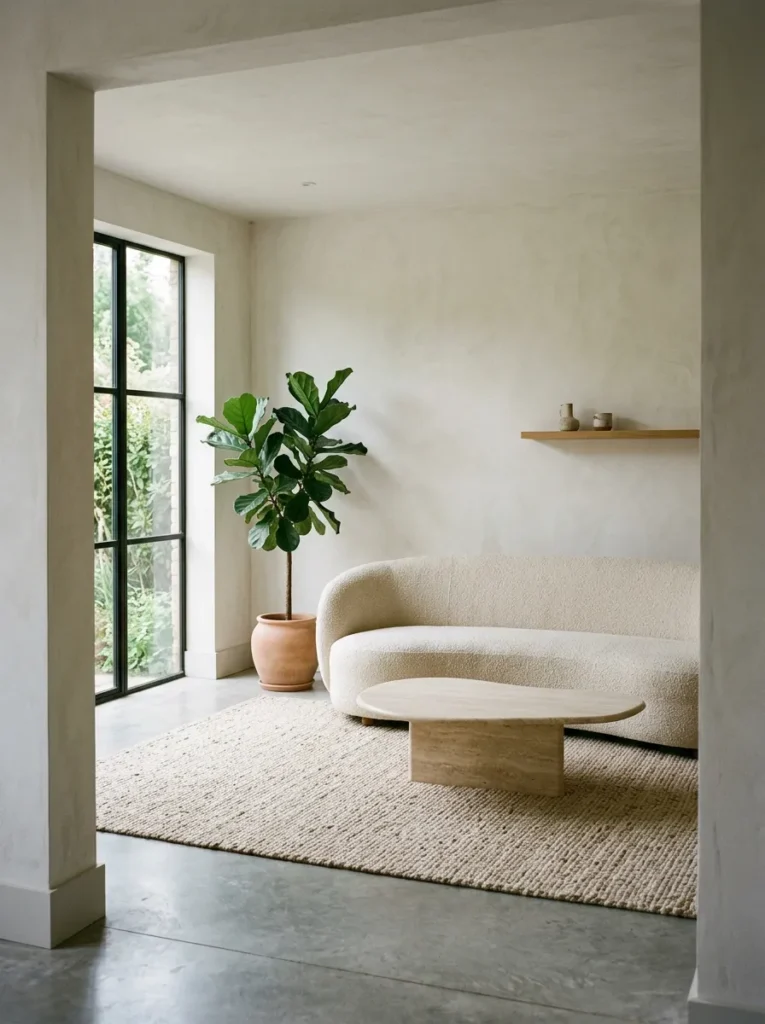 Complete organic modern living room in morning light with very few objects on surfaces — curved sofa, stone table, limewash wall, rug, and one plant in a restrained composition
