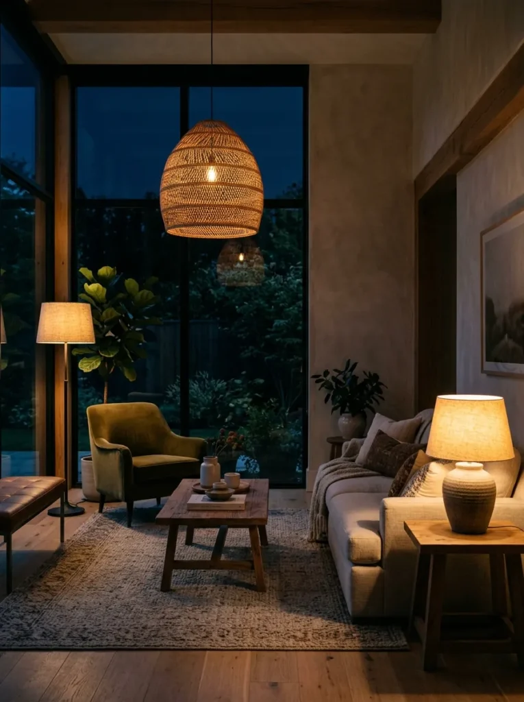 Organic modern living room at evening with three warm light levels — a rattan pendant above, linen shade floor lamp in a corner, and ceramic table lamp at sofa height