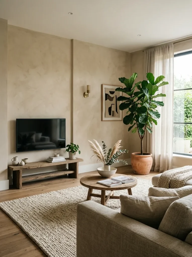 Organic modern living room with a slim TV on a low oak media unit to one side, clearly secondary in the composition to the limewash wall, plant, and rug