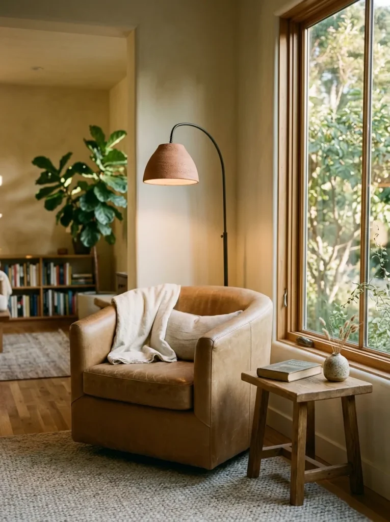 Low rounded leather armchair in a living room reading corner with a clay-shade floor lamp and small oak side table holding a book, near a tall window