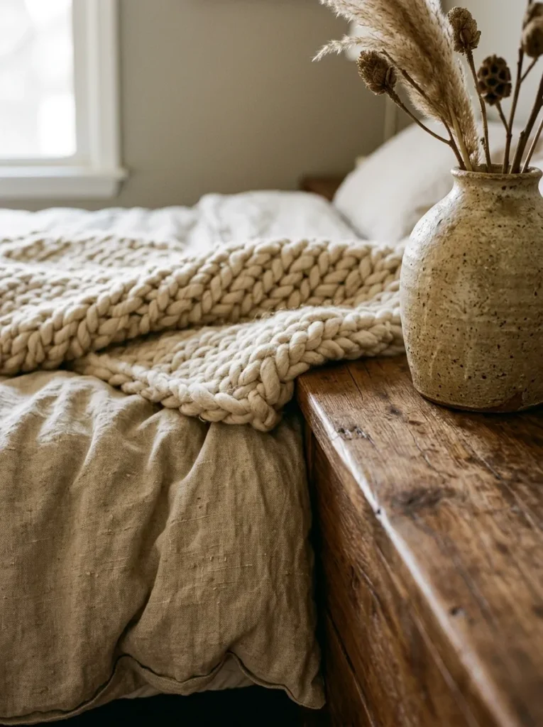 Close detail of bedroom materials showing linen, knit throw, matte ceramic, and walnut grain — organic texture through material rather than pattern
