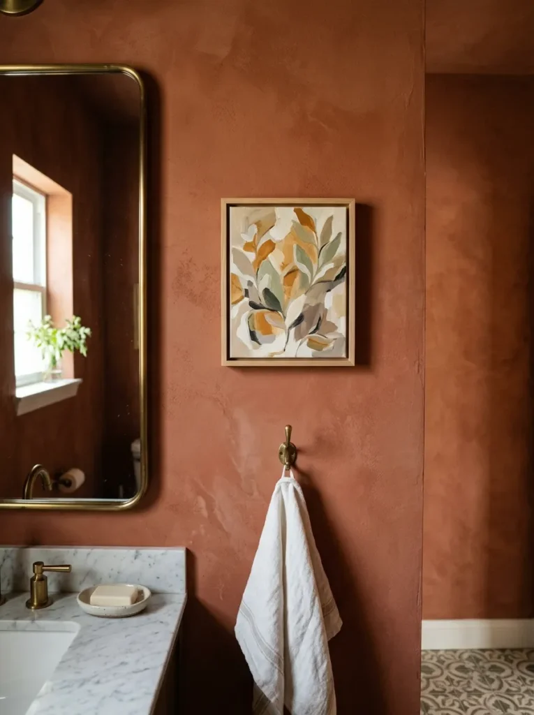 Small original botanical painting in a natural wood frame mounted at eye height on a terracotta limewash powder room wall
