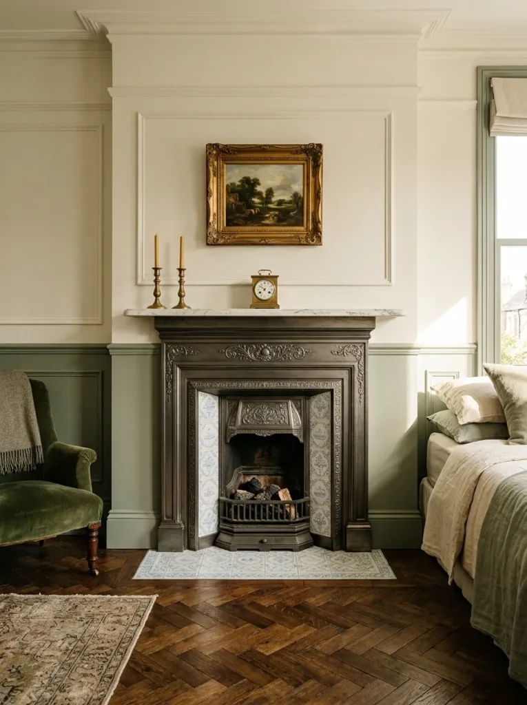 Restored original Victorian bedroom fireplace with tiled surround styled with a clock and candlesticks