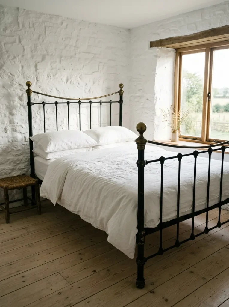 Original antique iron bed frame with brass finials in a simply styled vintage bedroom 