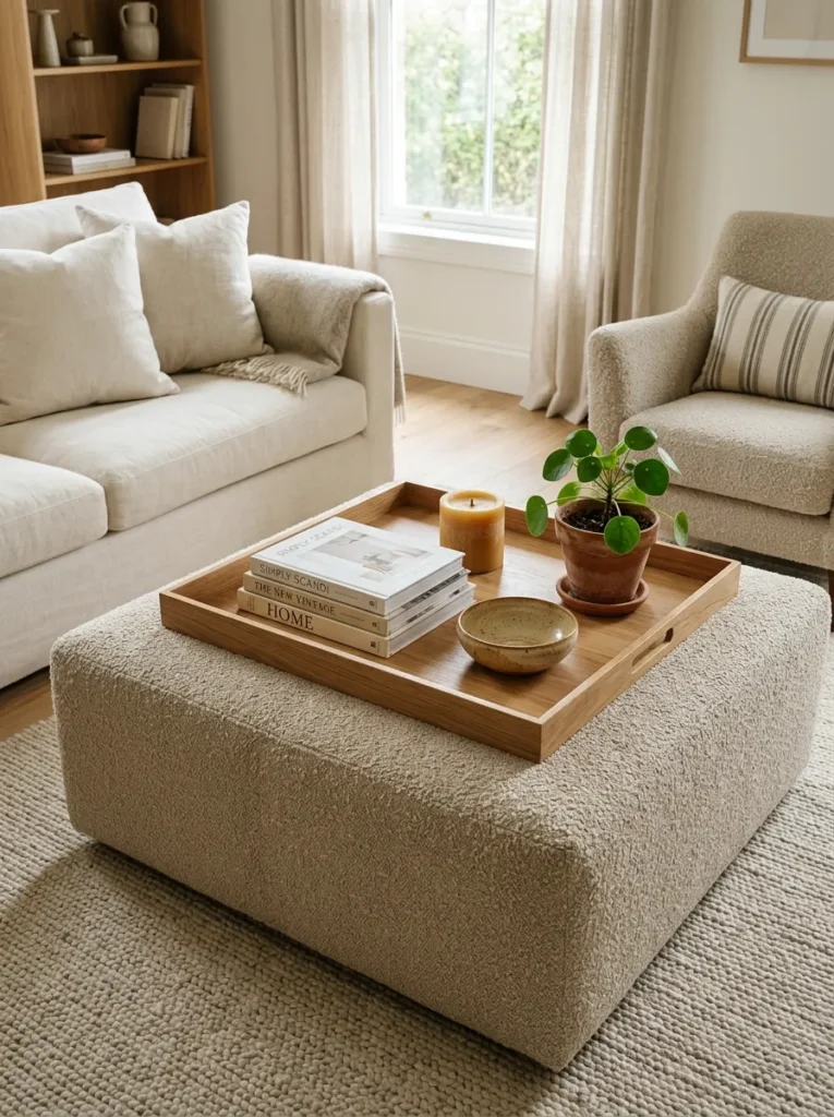 Large oatmeal bouclé ottoman with a wooden tray holding books, a beeswax candle, a ceramic bowl, and a small plant as a coffee table surface

