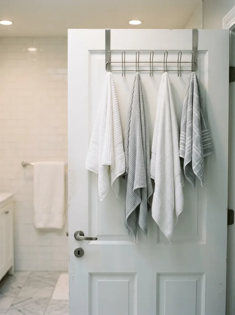 Back of a white bathroom door with an over-door hook rack holding four bath towels in white and light grey hanging fully open, with no wall hardware or drilling
