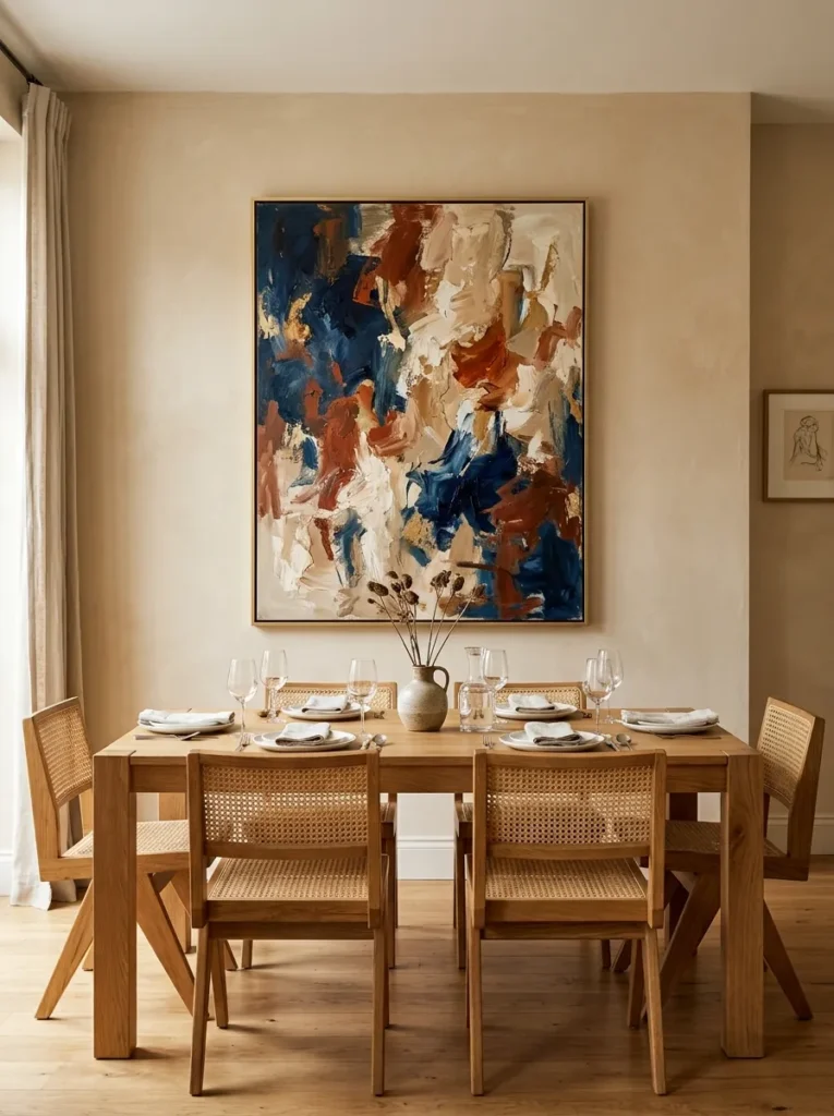 Large abstract painting in blue, rust, and cream hanging proportionally above a six-seat oak dining table
