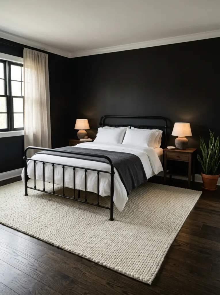 Dark bedroom with an oversized cream wool rug under a black iron bed, dark walls, and white crown molding
