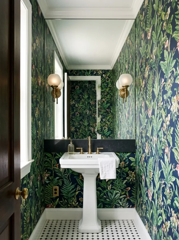 Oversized frameless mirror spanning nearly the full sink wall in a powder room, doubling the botanical wallpaper in its reflection above a pedestal sink

