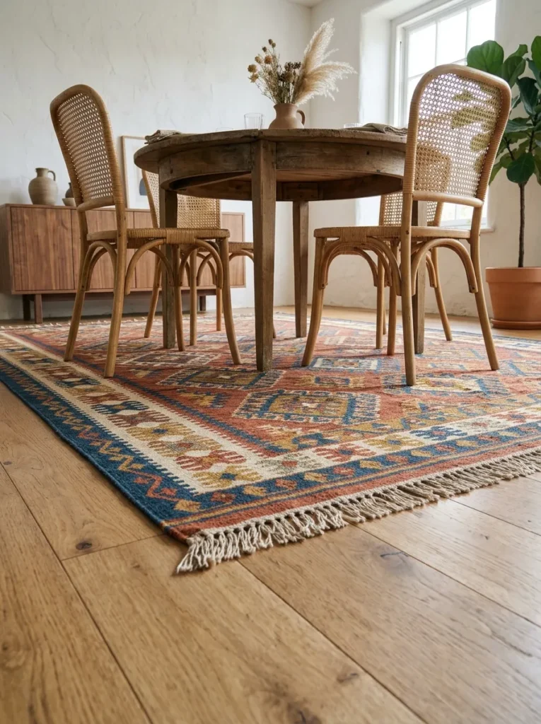 Large kilim rug in terracotta and ochre geometric pattern extending well beyond all sides of a round dining table and rattan chairs
