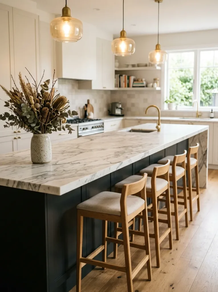 Large kitchen island with honed Calacatta marble waterfall top, charcoal base cabinetry, and four oak bar stools with linen seats