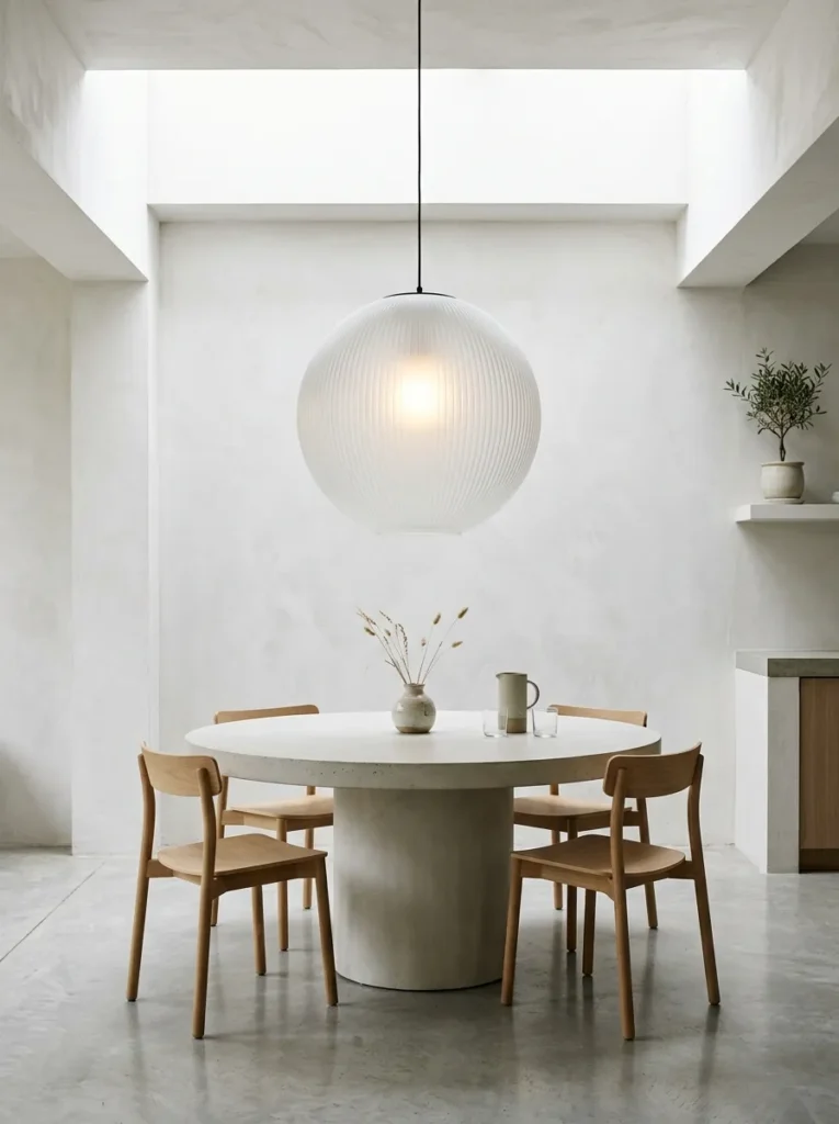 Very large ribbed glass globe pendant hanging above a round pale concrete dining table in a minimalist white room with skylight
