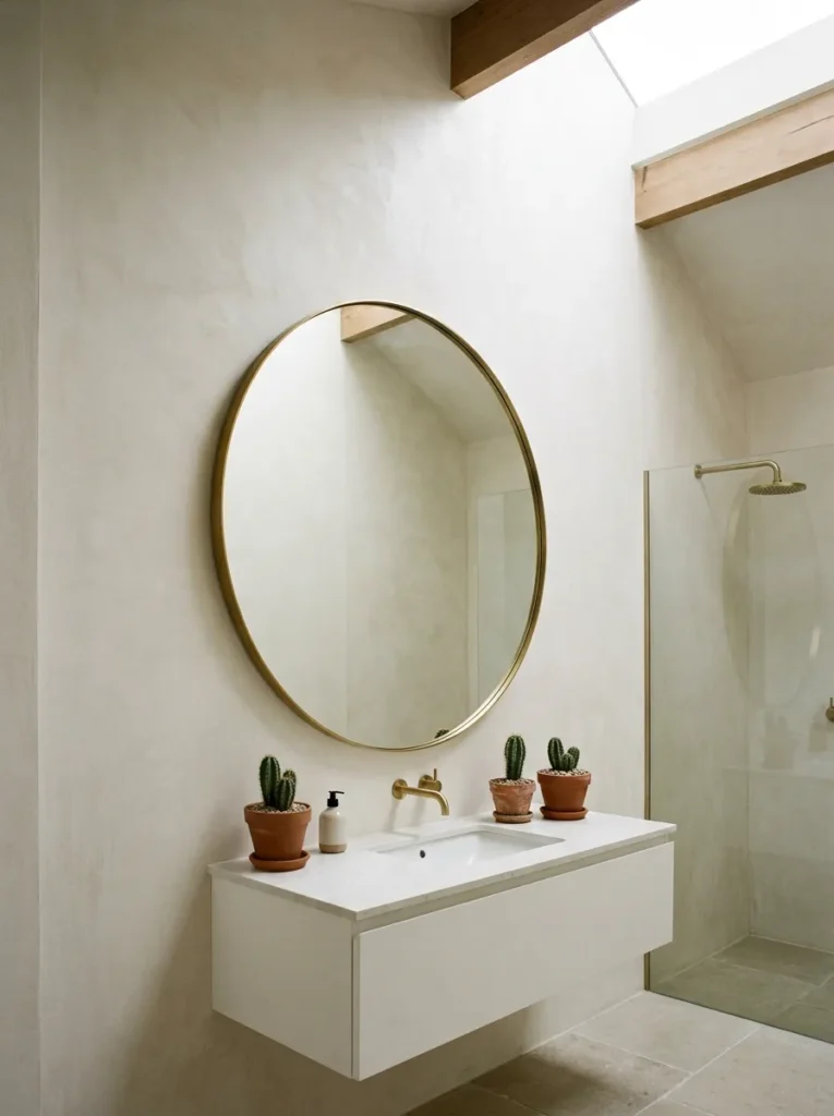 Large 38-inch round brass-framed mirror extending well beyond the vanity width on a limewash plaster wall with a stone quartz counter below
