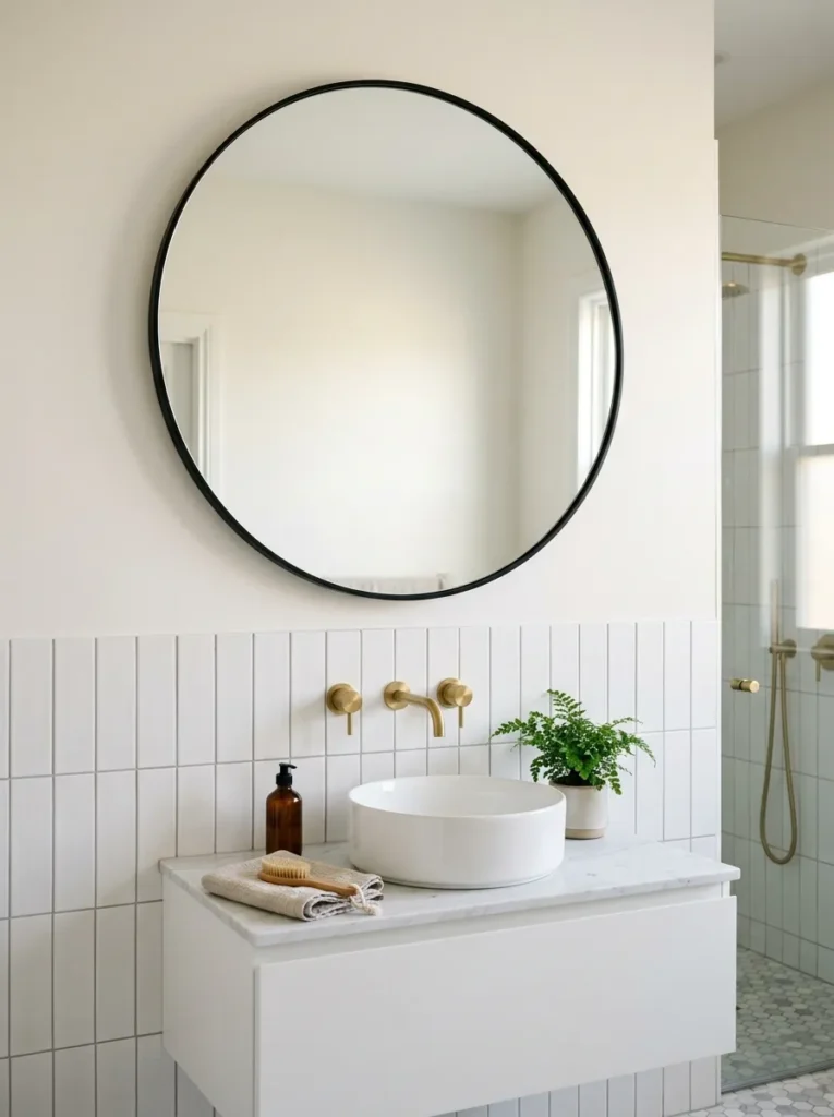 Oversized round mirror in a matte black frame above a floating white bathroom vanity with a vessel sink