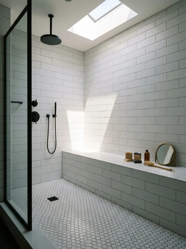 Large luxury shower with a built-in tiled masonry bench along one full wall
