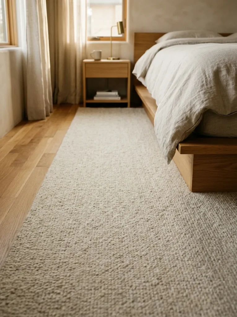 Low-pile undyed wool rug extending generously beyond the side of a low platform bed, soft morning light showing the textile texture