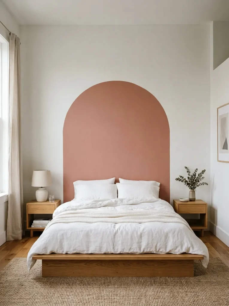 Dusty rose painted arch shape centered on a white bedroom wall functioning as a headboard frame above a low oak platform bed

