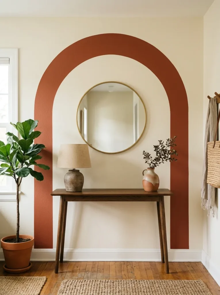 Terracotta painted arch on a cream wall framing an entry console table, mirror, and lamp as a composed architectural vignette
