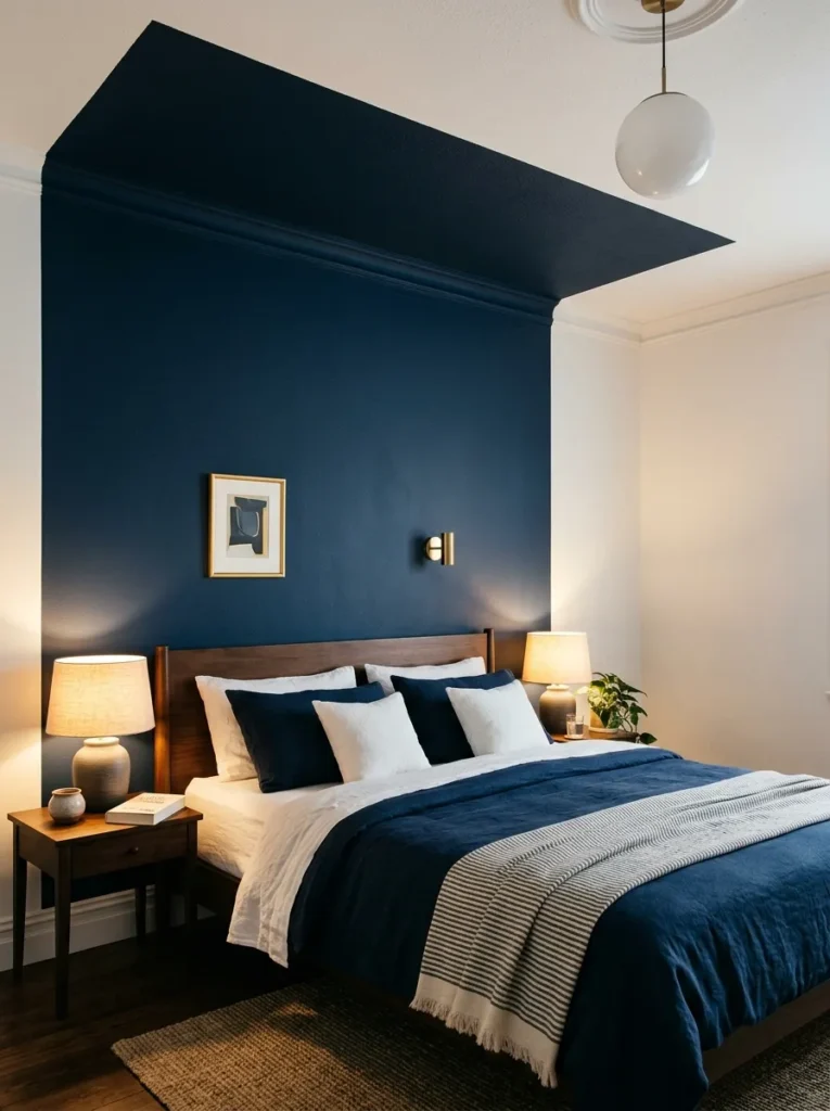 Deep navy paint extending from the bedroom headboard wall onto a section of ceiling above the bed, creating a canopy enclosure effect
