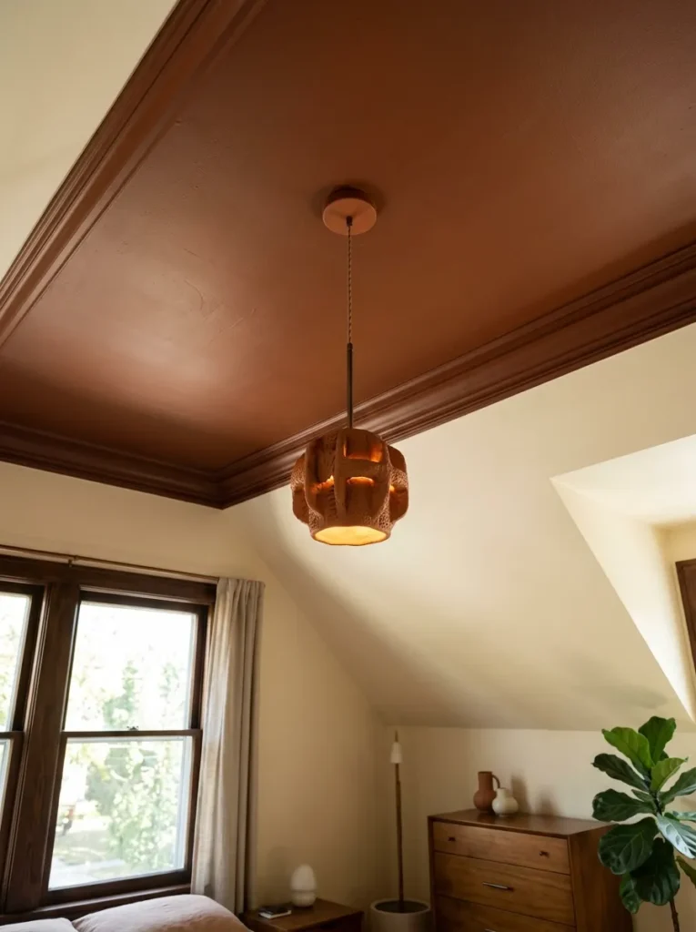 Contemporary bedroom ceiling painted two shades deeper than the walls in warm terracotta-brown, with a ceramic pendant below
