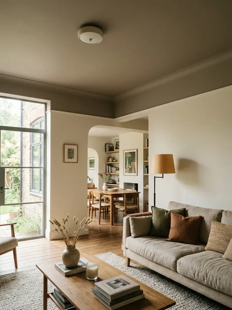 Open-plan living room with the ceiling painted two tones deeper than the walls, creating visual containment in a standard-height space

