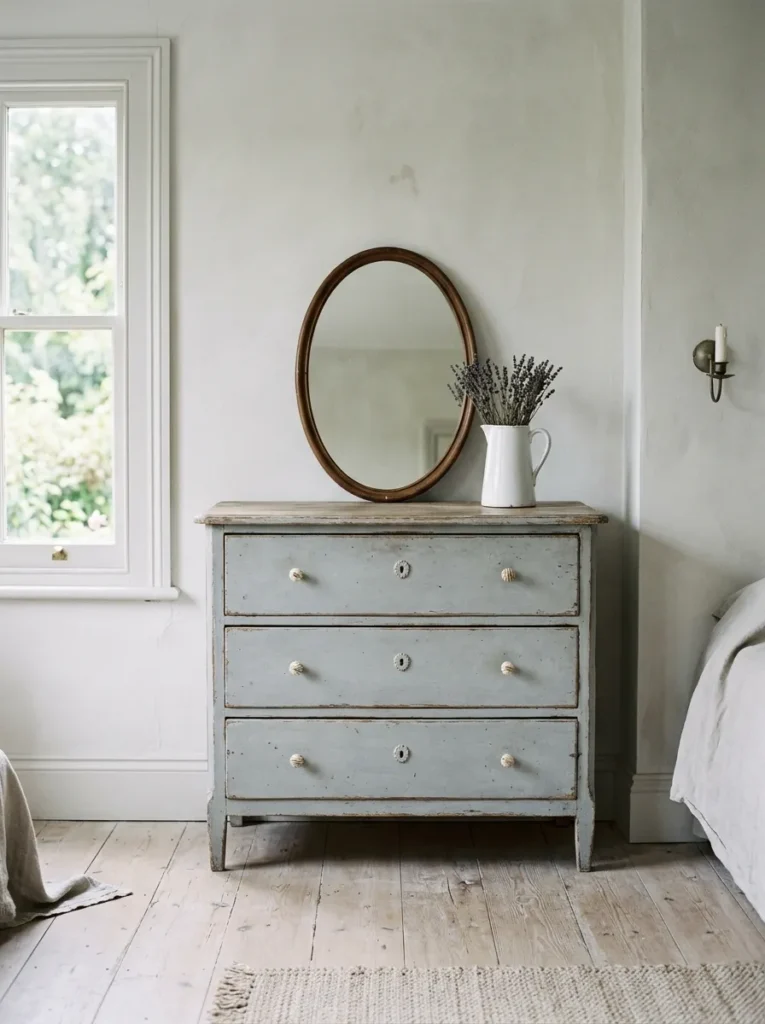 Chalk-painted Gustavian dresser in muted gray-blue with distressed edges in a vintage bedroom 