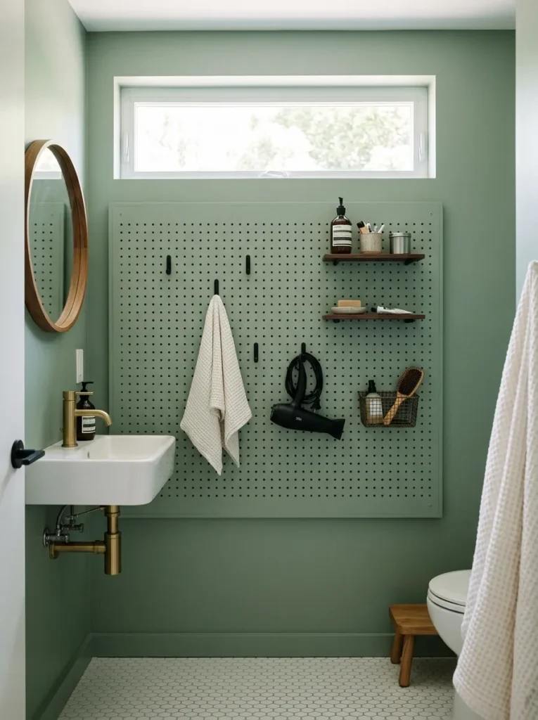Sage-painted pegboard panel in a bathroom holding hooks, small shelves, and accessory bins