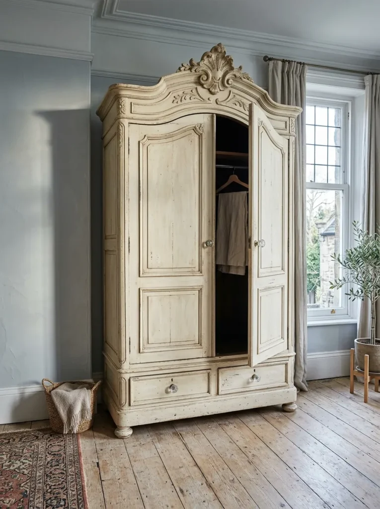 Large cream painted antique armoire with crystal glass knobs in a vintage bedroom 