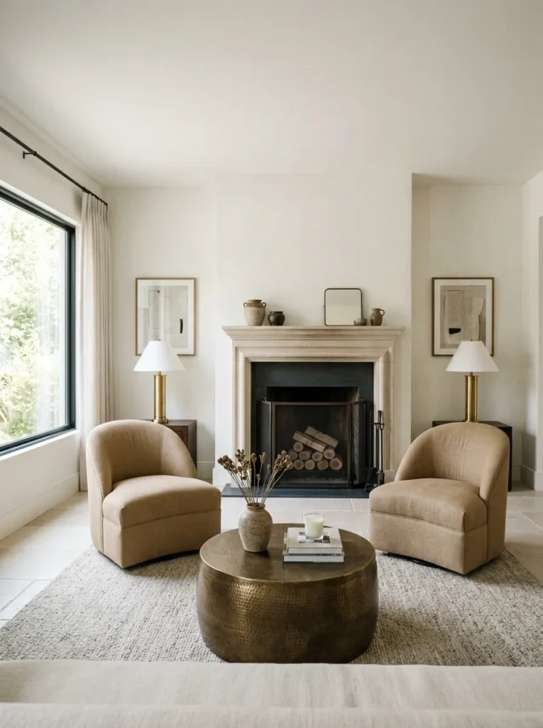 A symmetrical pair of curved linen slipper chairs flanking a fireplace in a formal living room 