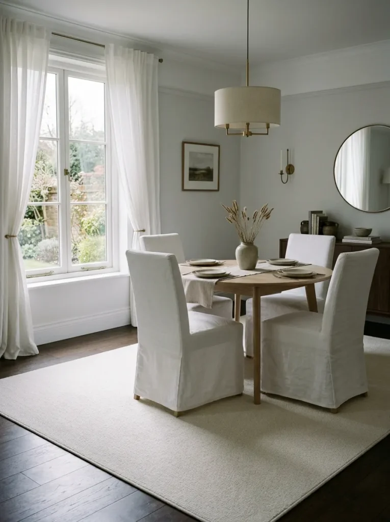 North-facing dining room with a large pale ivory rug reflecting ambient light upward beneath a bleached oak round table with white linen chairs
