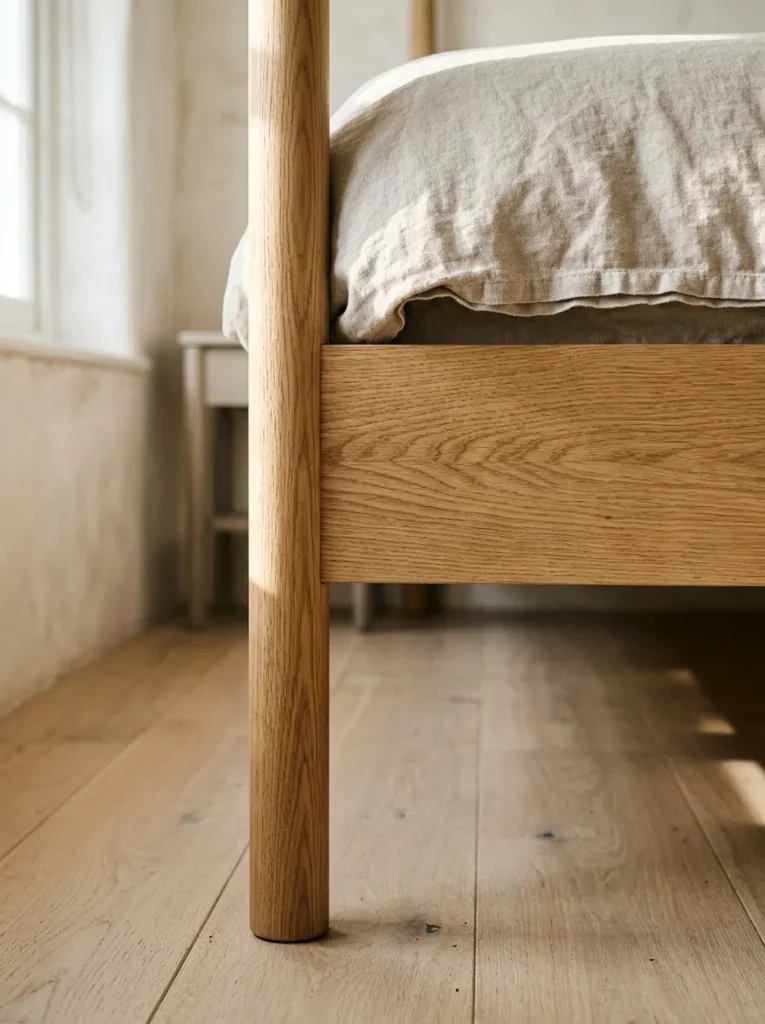 Pale natural oak bed frame with visible wood grain in a matte oiled finish, photographed in morning light with linen bedding above and pale floor below