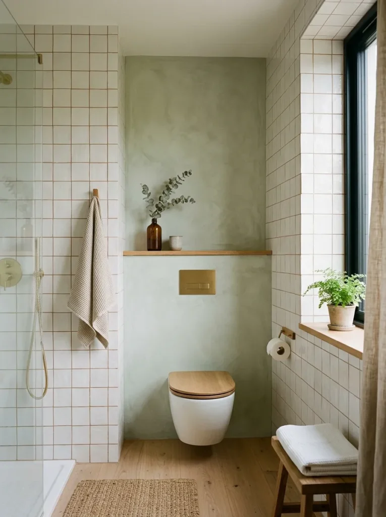 Scandinavian bathroom with three warm white tile walls and one pale sage limewash plaster wall behind the toilet in natural light