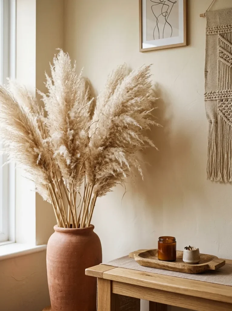 Tall dried pampas grass in a terracotta ceramic pot on a natural oak console table with soft afternoon light
