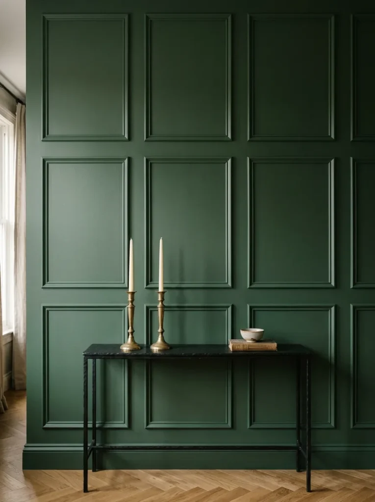 Forest green panel moulding wall with subtle sheen difference between panels and surrounding flat wall, black iron console table below
