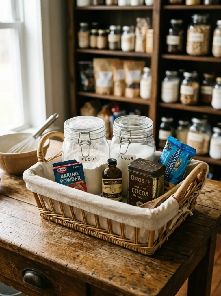 Handled basket holding baking supplies including flour and sugar canisters, vanilla extract, and chocolate chips on a timber countertop