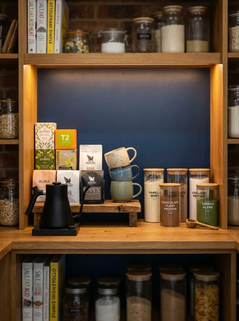 Pantry beverage station shelf with kettle, tea boxes, stacked ceramic mugs, and coffee bags on a navy-backed shelf