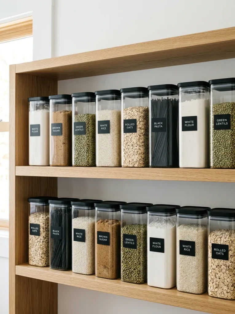 Two pantry shelves lined with matching rectangular glass canisters holding labeled dry goods including flour, rice, oats, and lentils