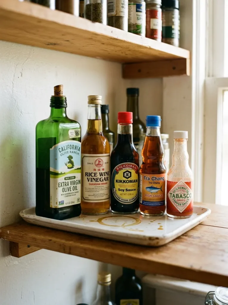 Cooking oils, vinegars, and sauce bottles grouped on a white rimmed tray on a pantry shelf