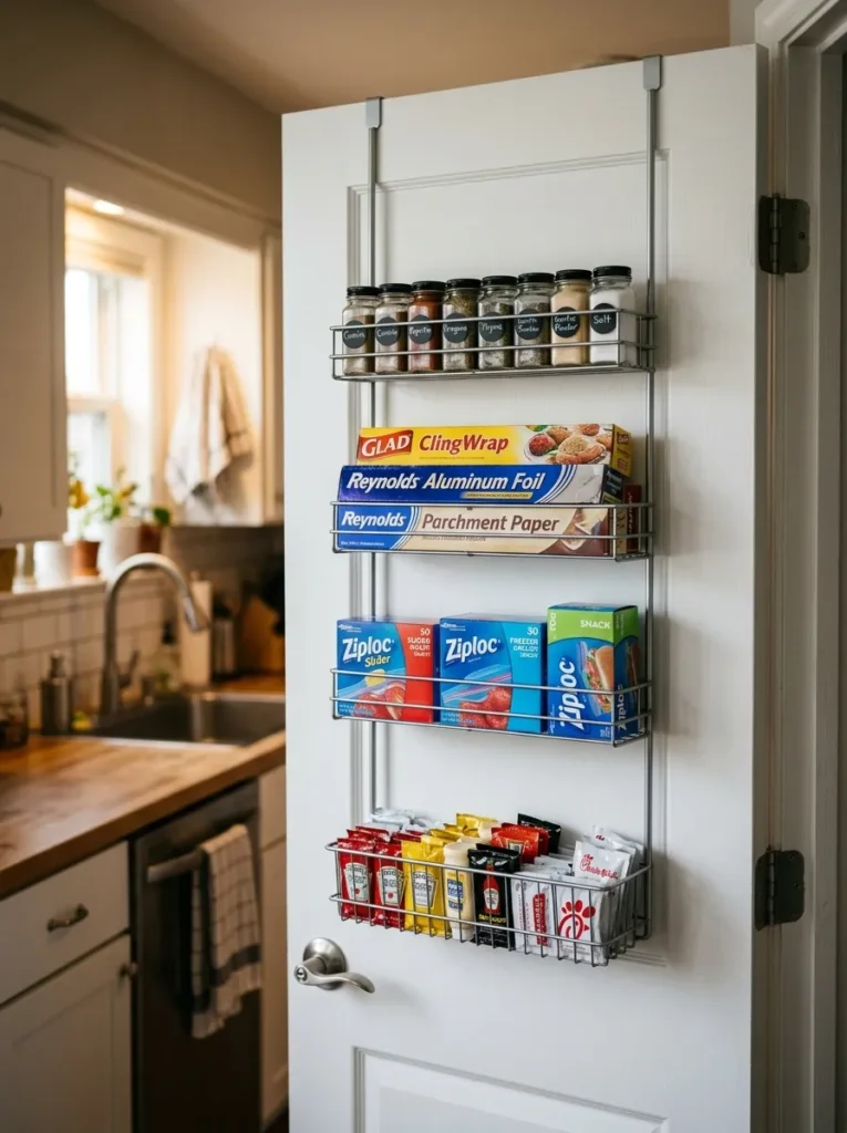 Slim wire door-mounted organizer on the inside of a pantry door holding spice jars, foil boxes, and zip-lock bags