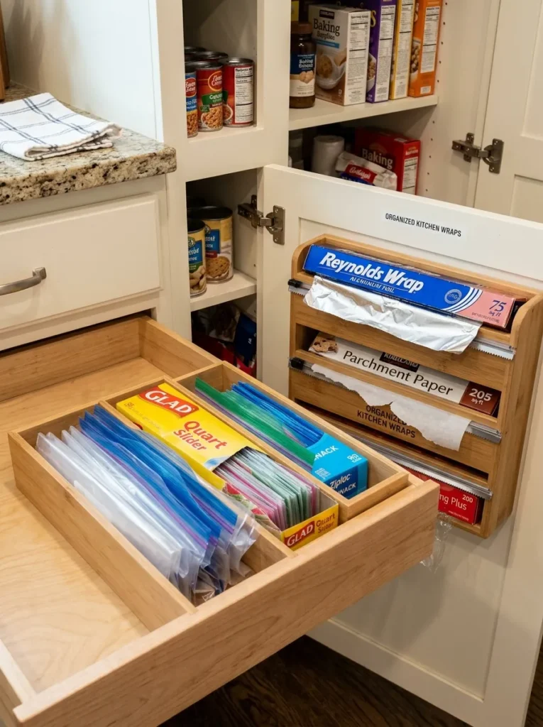 Kitchen drawer with sorted zip-lock bags beside a door-mounted dispenser holding foil, parchment, and cling wrap