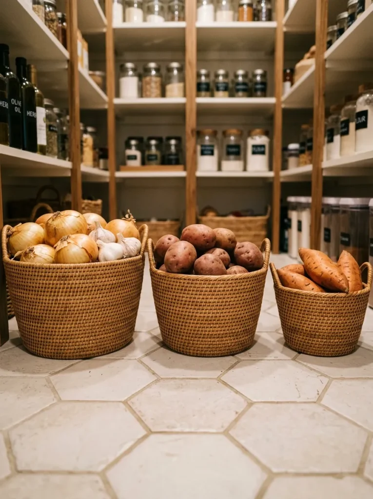 Three rattan baskets on a pantry floor holding onions, potatoes, and sweet potatoes for ventilated produce storage