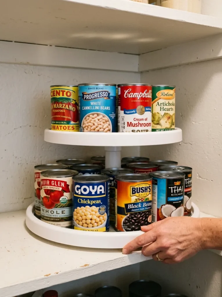 Two-tier white lazy susan on a pantry shelf holding rows of canned tomatoes, beans, and coconut milk
