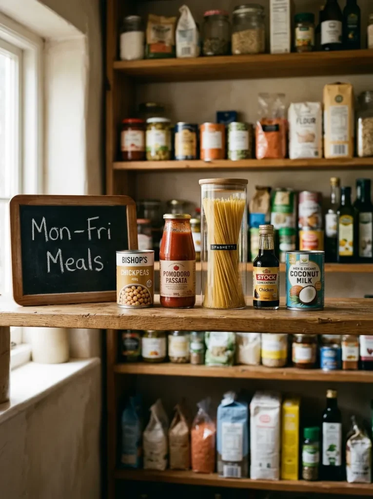 A dedicated pantry shelf holding this week's meal ingredients grouped together beside a small chalkboard meal plan