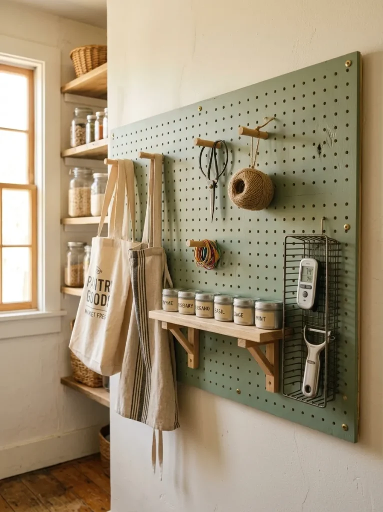 Sage green pegboard on a pantry wall with hooks for reusable bags, scissors, and small shelf brackets holding herb tins