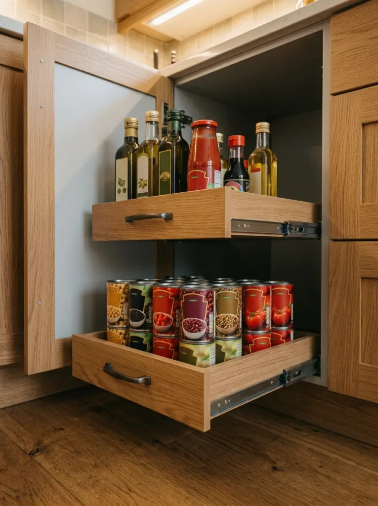 Open lower pantry cabinet with two extended pull-out oak drawers holding bottles, canned goods, and condiments