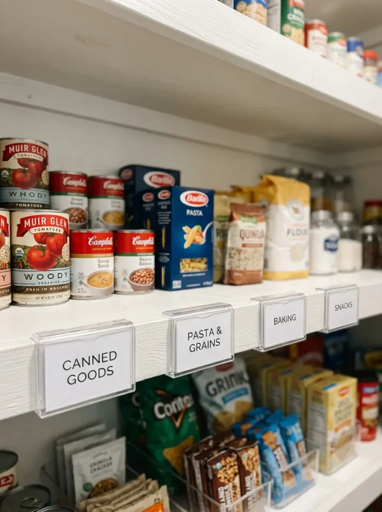 Acrylic label holders clipped to the front edge of pantry shelves with printed category labels for canned goods, pasta, baking, and snacks