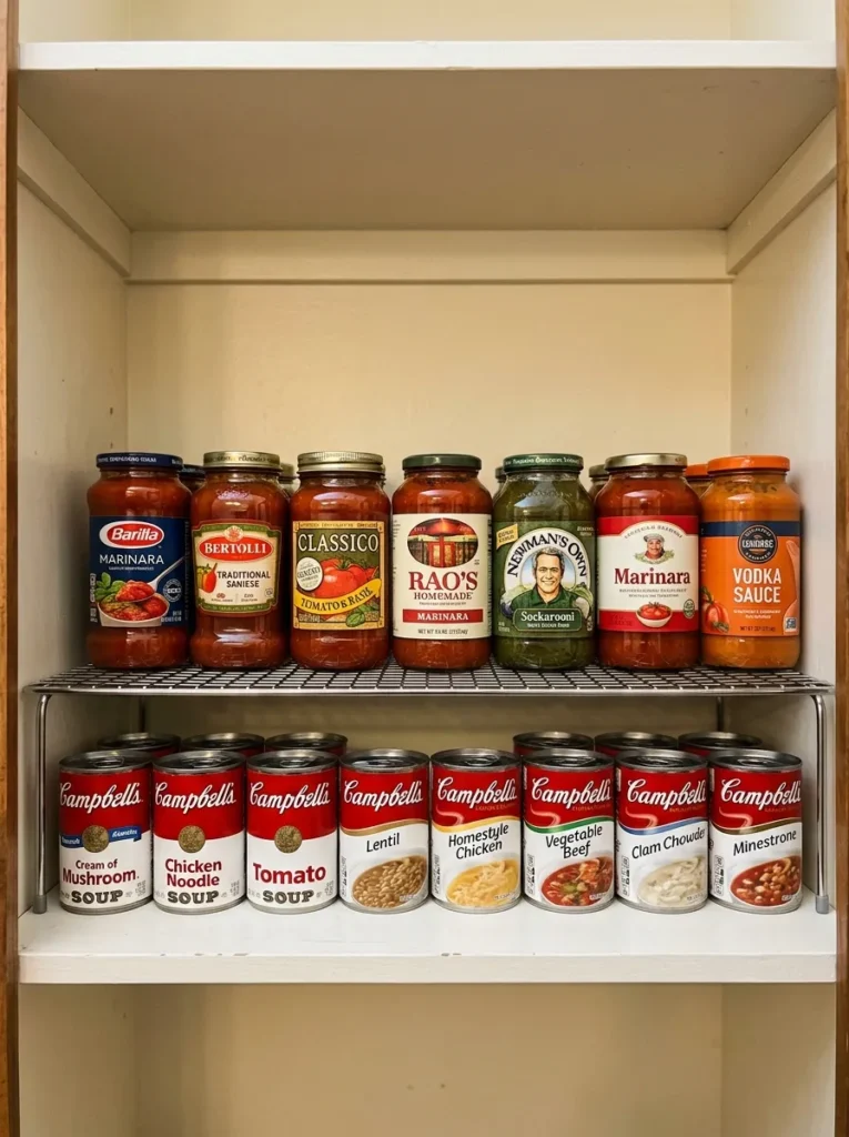 Wire shelf riser on a pantry shelf creating two visible levels for soup cans below and sauce jars above