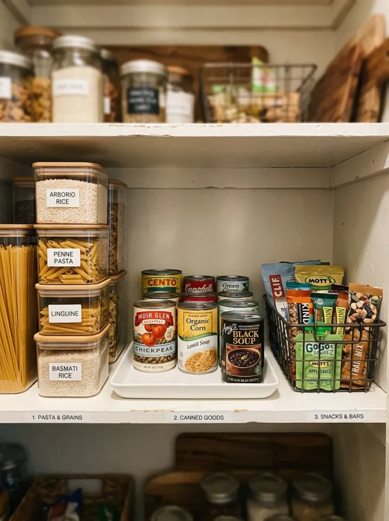 Pantry shelf divided into three labeled zones holding canisters, canned goods, and a snack basket