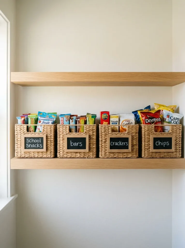 Four labeled rattan bins on a pantry shelf organized by snack category including bars, crackers, and chips