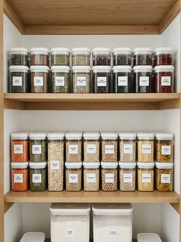 Two pantry shelves packed with uniform rectangular clear containers in three sizes with matching white lids